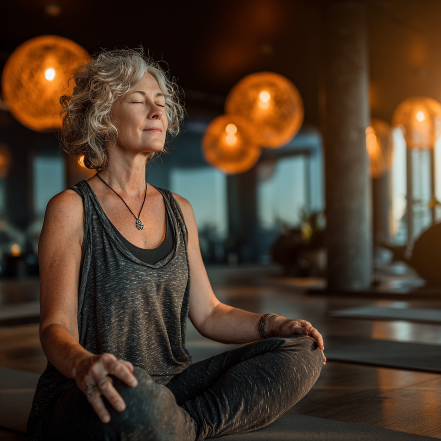 Група літніх людей практикує йогу у природному середовищі